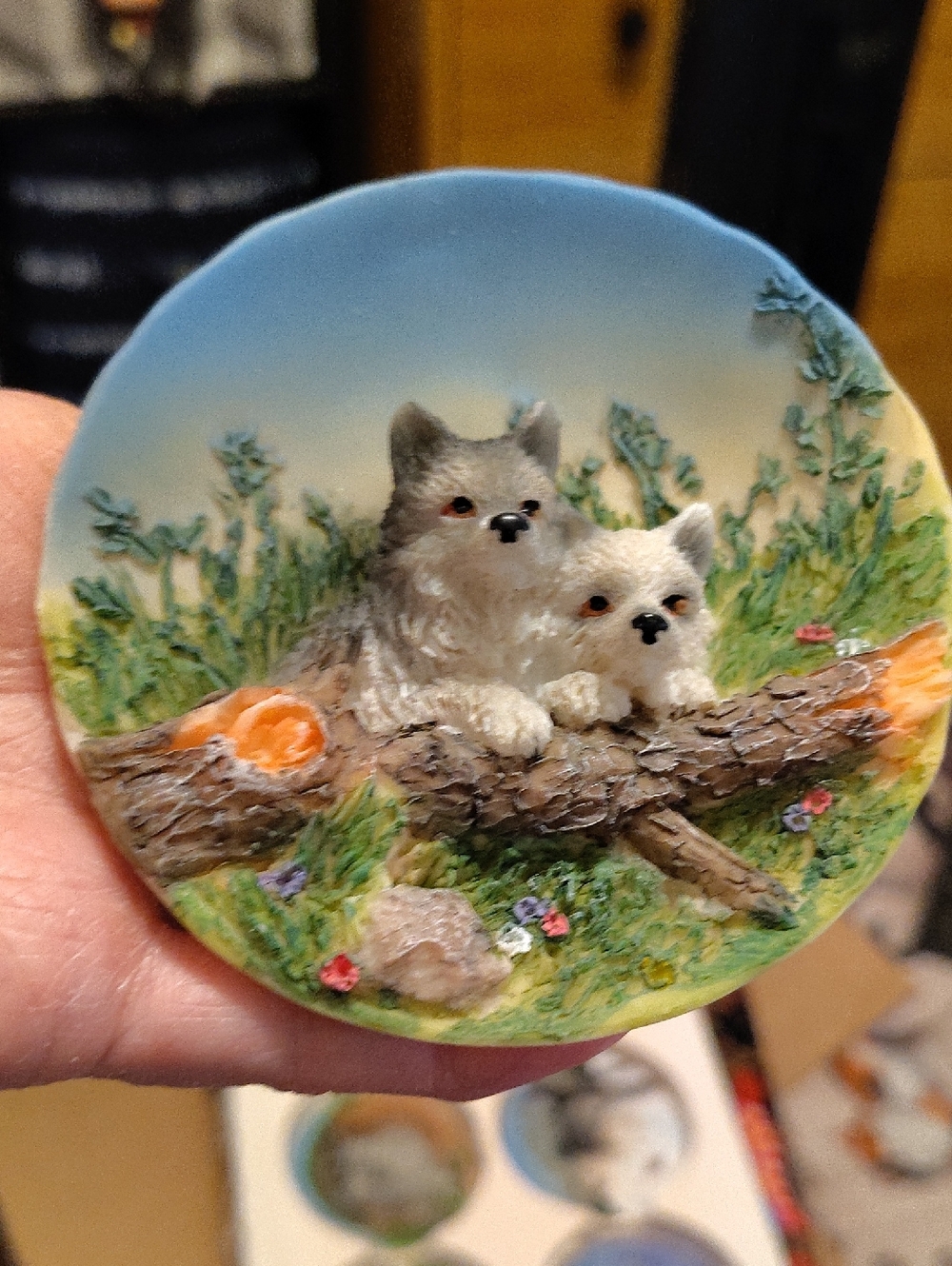 Hand-Painted Wolf Wall/Desk Plaque with Woodland Scene (Set Of 2)